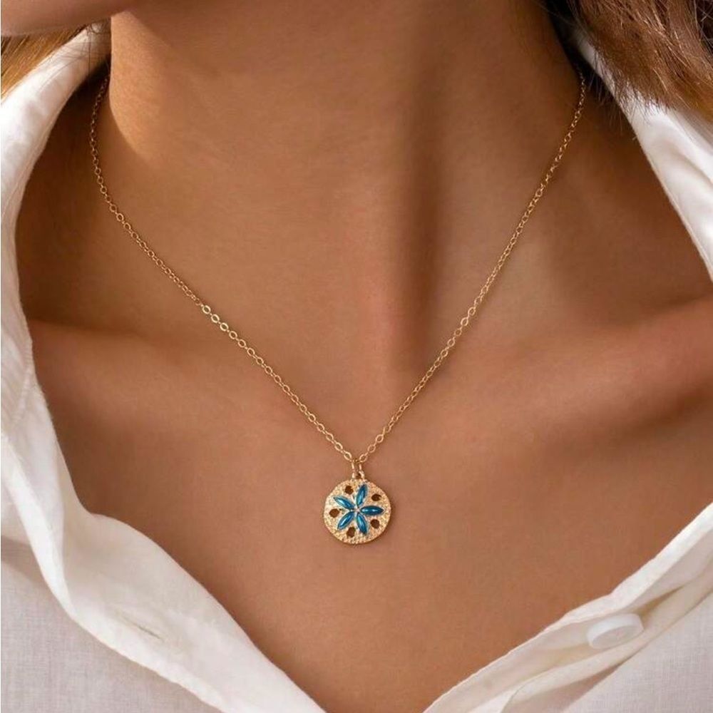 Gold Necklace with Blue Flower Pendant - Women Jewelry R 394